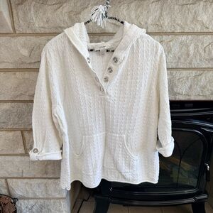 CJ Banks White Hooded Knit Sweater Kangaroo Pocket 3/4 Sleeve 1X